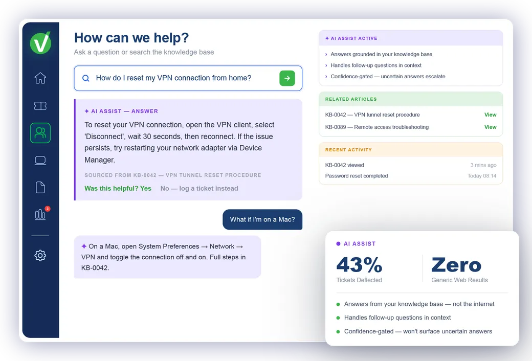 Vivantio AI Assist — answering a user question at the self-service portal