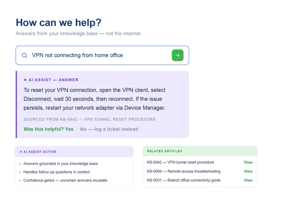 AI Assist surfacing a knowledge-base answer in the self-service portal
