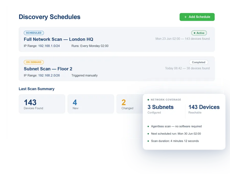 Vivantio asset discovery — network scan configuration and scheduling
