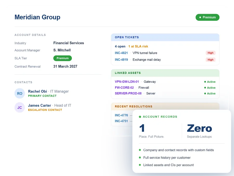 Vivantio CRM — company account with contacts and service history