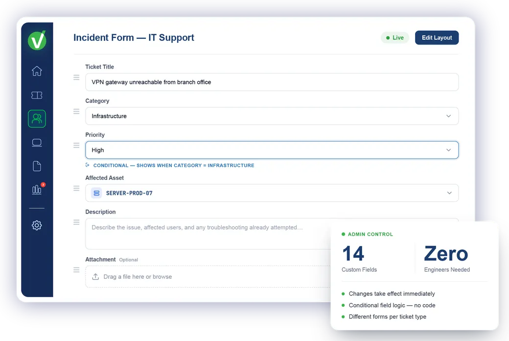 Vivantio customization — admin form builder with custom fields and layouts