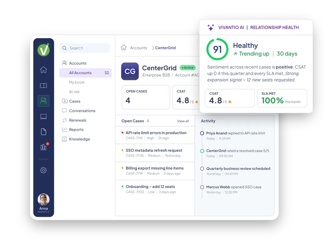 Vivantio customer service management — account and case view