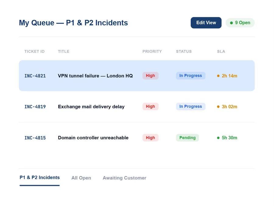 Vivantio agent workspace — configurable queue view with saved filters