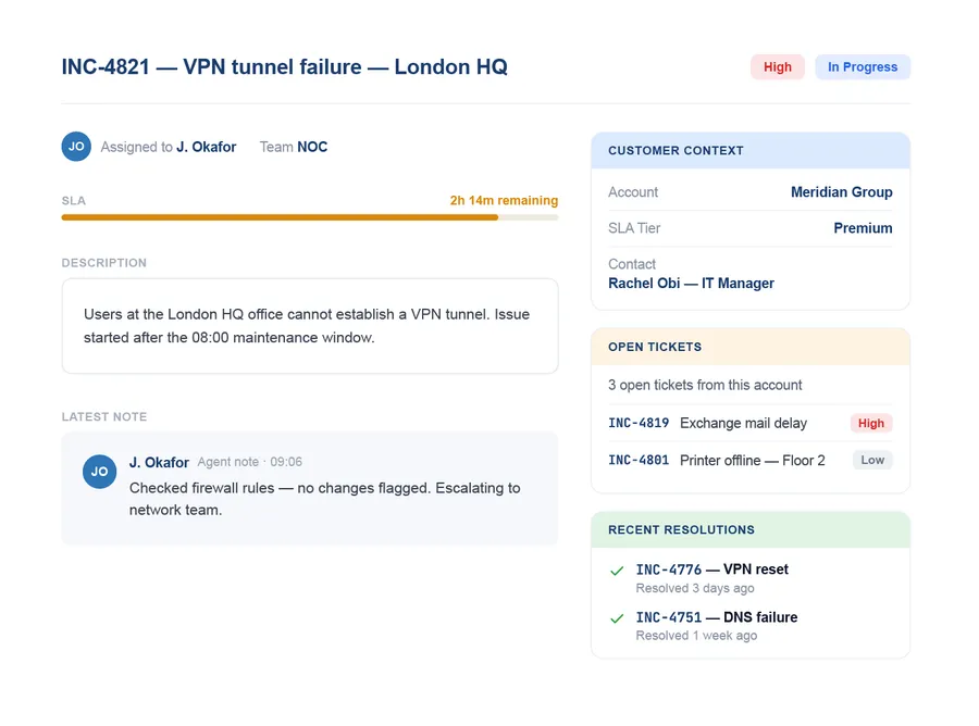 Vivantio agent workspace — customer context panel within ticket view