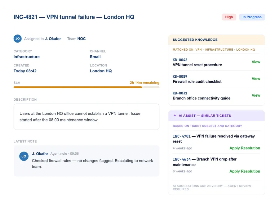 Vivantio agent workspace — knowledge article suggestions and AI Assist recommendations in ticket view