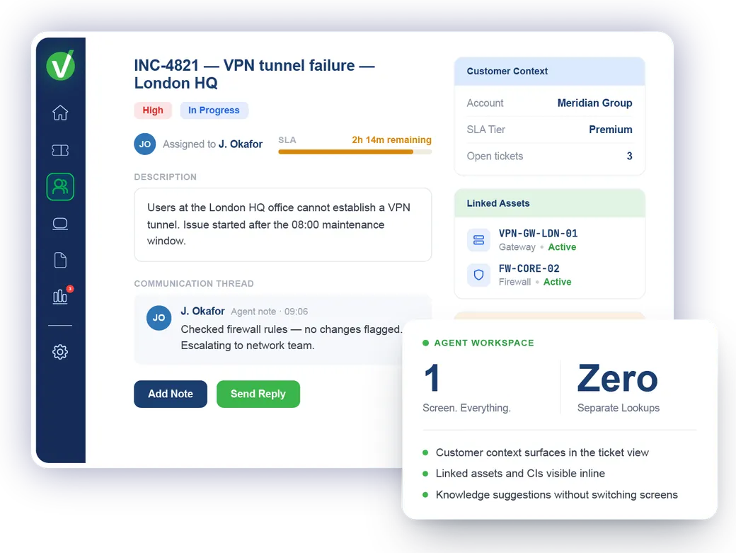 Vivantio agent workspace — unified interface with customer context, knowledge and queue views