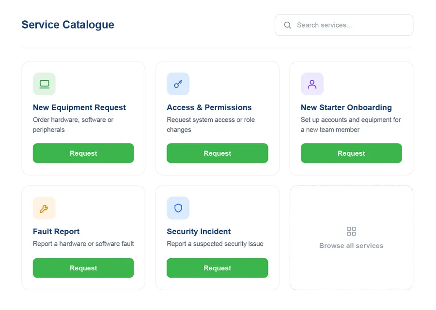 Vivantio self-service portal — service catalogue with structured request forms