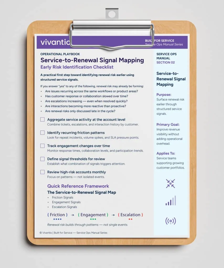 Service-to-Renewal Signal Mapping Checklist | Early Risk Identification Framework Service-to-renewal signal mapping checklist showing friction, engagement, and escalation signals for early customer risk identification